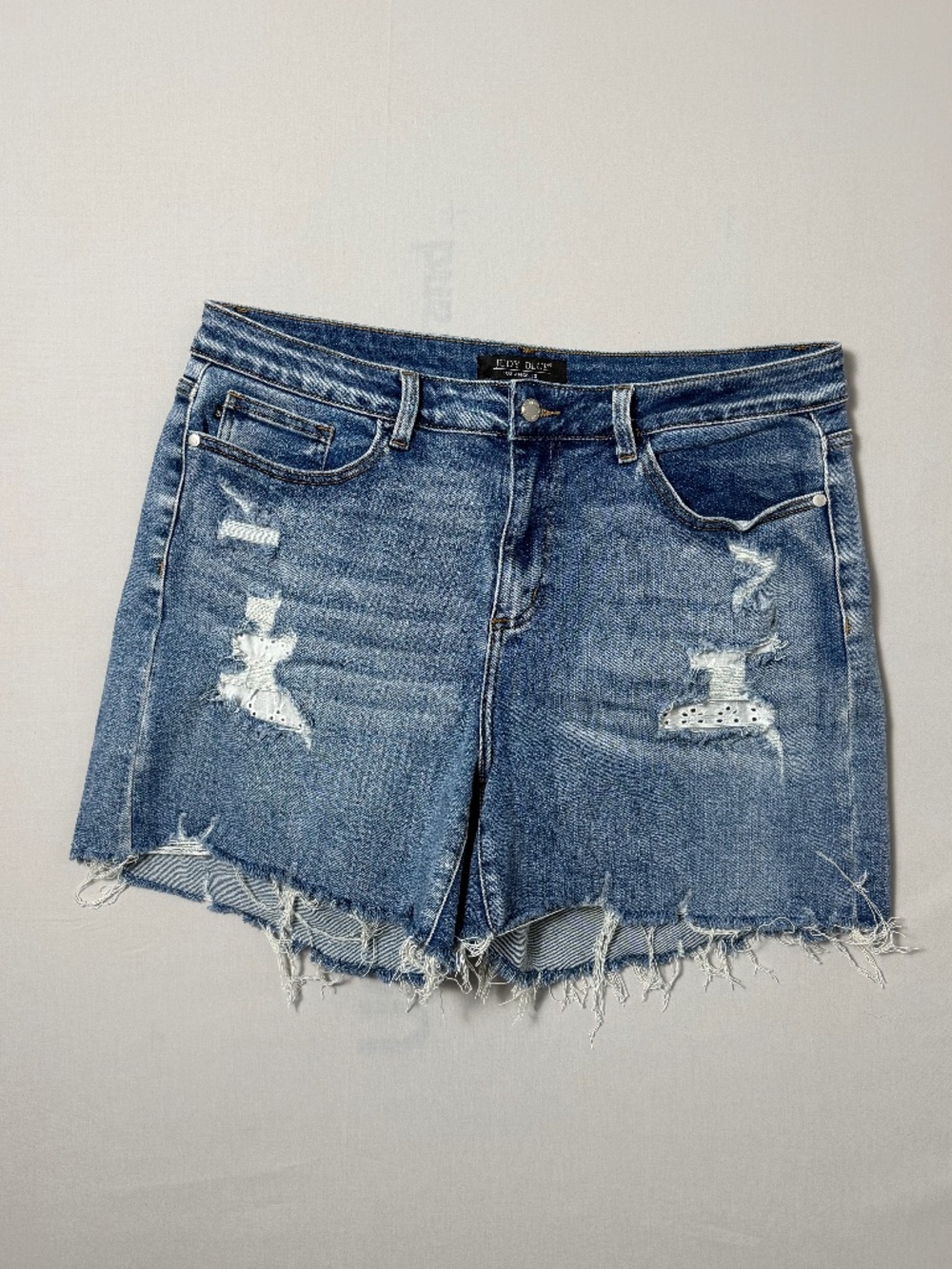 Judy Blue Size Eyelet Lace Distressed Raw Hem Denim Jean Shorts, Stretch, XXL